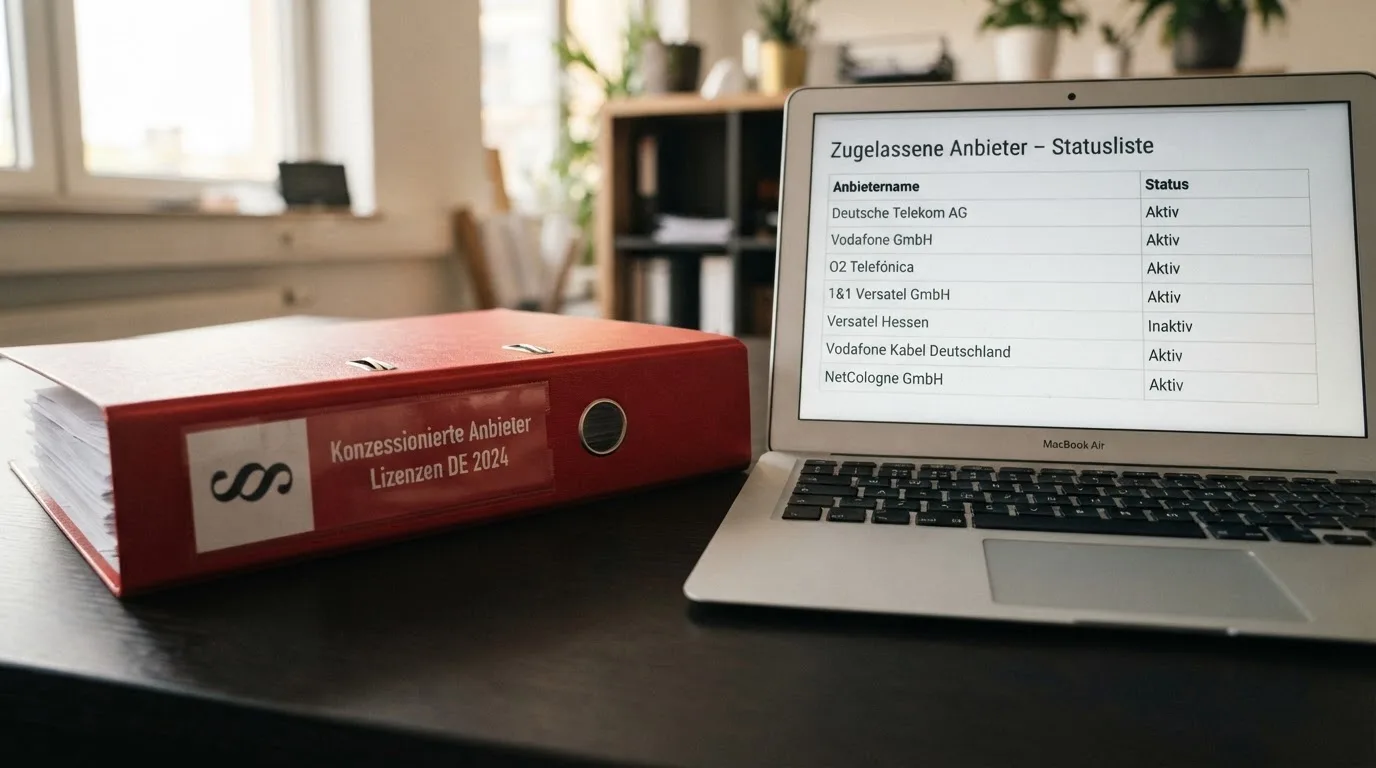 Nahaufnahme eines Aktenordners mit Paragraphenzeichen auf dem Ruecken, daneben ein aufgeklapptes Notebook mit einer Uebersichtsliste lizenzierter Anbieter.