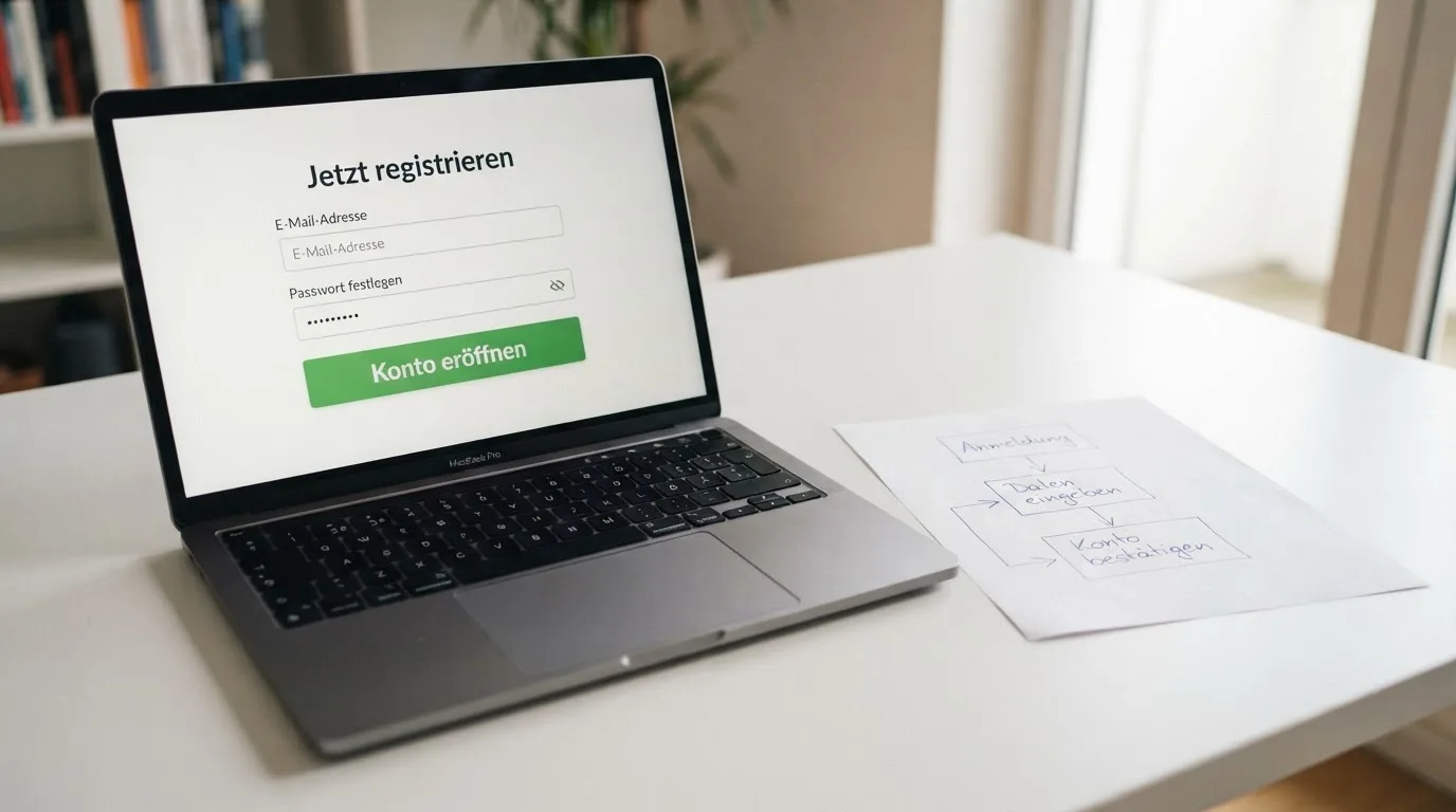 Nahaufnahme eines Laptop-Bildschirms mit einem Formular zur Kontoeroeffnung, daneben ein Blatt Papier mit einer handgezeichneten Ablaufskizze.
