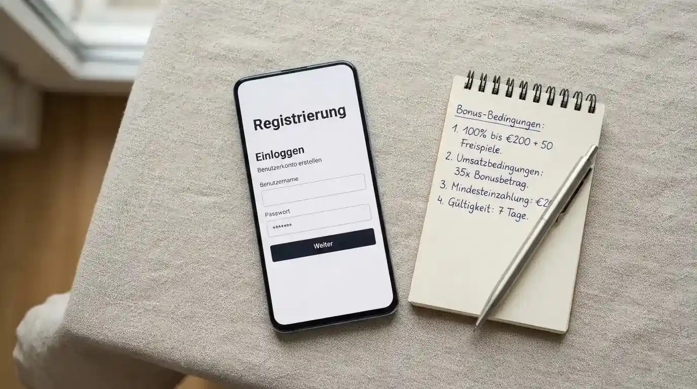 Draufsicht auf ein Smartphone mit einer geoeffneten Registrierungsmaske fuer ein Spielerkonto, daneben ein Notizblock mit handschriftlichen Bonusbedingungen.