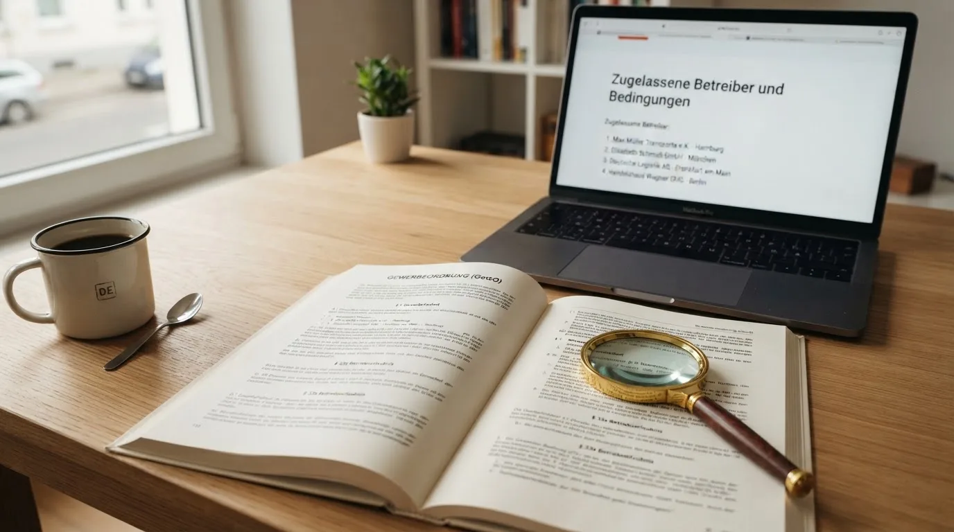 Schreibtisch mit einem ausgedruckten Gesetzestext, einer Lupe und einem Laptop, auf dessen Bildschirm eine Behoerdenwebsite mit einer Liste erlaubter Anbieter zu sehen ist.