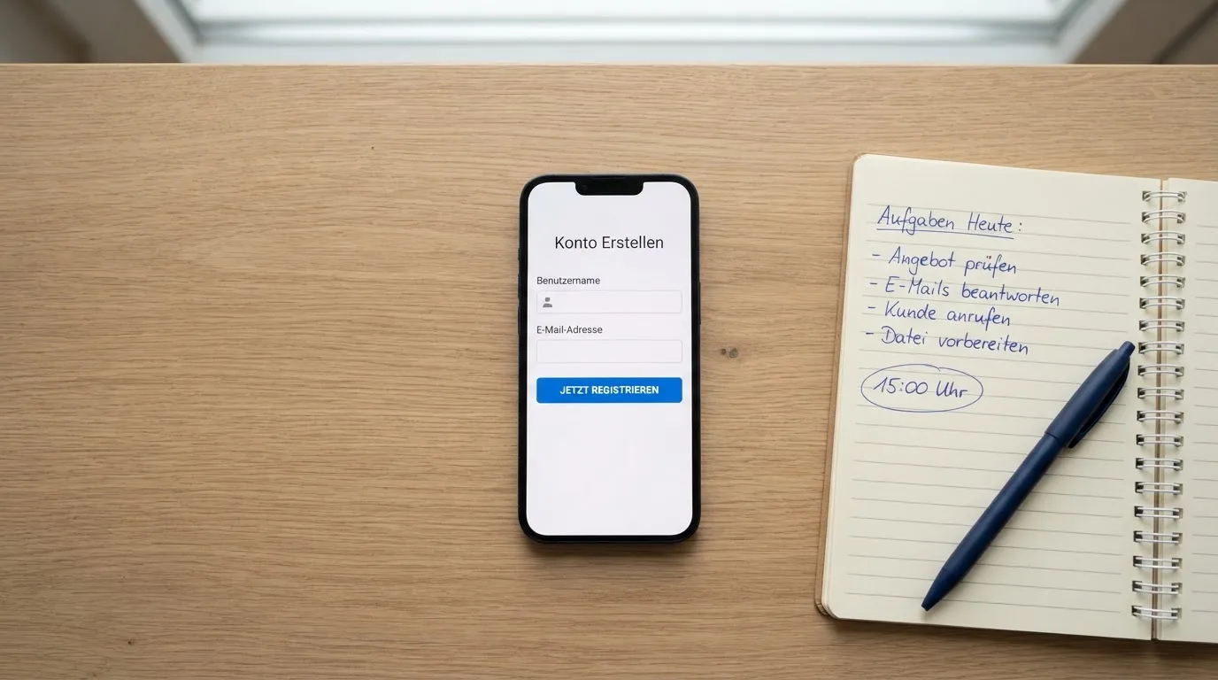 Draufsicht auf ein Smartphone mit einer geoeffneten Registrierungsmaske fuer ein Spielerkonto, daneben ein Notizblock mit handschriftlichen Bonusbedingungen.