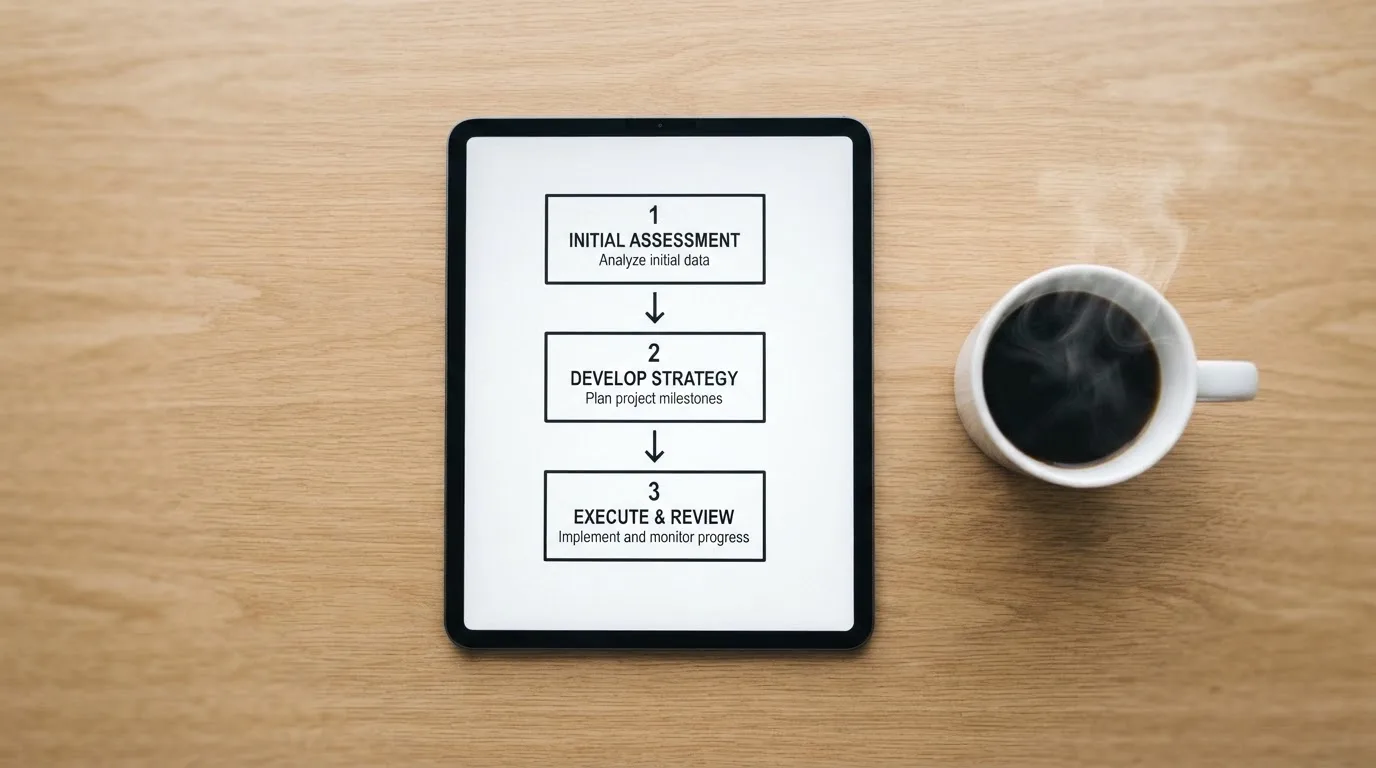 Schreibtisch mit einem Tablet, auf dem ein Schema mit nummerierten Schritten eines Anmeldevorgangs zu sehen ist, daneben ein Kaffeebecher.