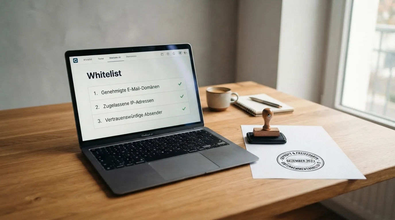Schreibtisch mit einem gedruckten Amtsdokument, einem Stempel und einem Bildschirm, auf dem eine offizielle Whitelist-Tabelle angezeigt wird.