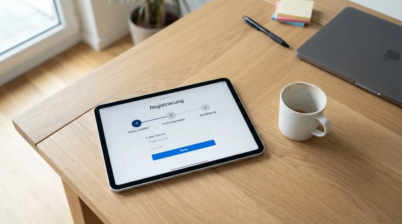 Schreibtisch mit einem Tablet, auf dem ein Schema mit nummerierten Schritten eines Anmeldevorgangs zu sehen ist, daneben ein Kaffeebecher.