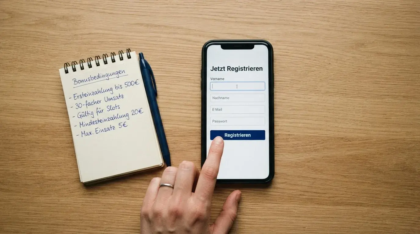Draufsicht auf ein Smartphone mit einer geoeffneten Registrierungsmaske fuer ein Spielerkonto, daneben ein Notizblock mit handschriftlichen Bonusbedingungen.