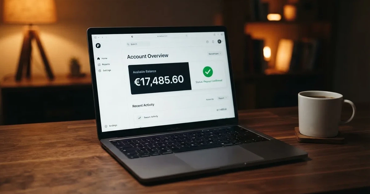 Nahaufnahme eines Laptop-Bildschirms mit einer Kontouebersicht, auf der ein Guthabenbetrag in Euro und ein Auszahlungsstatus zu sehen sind.