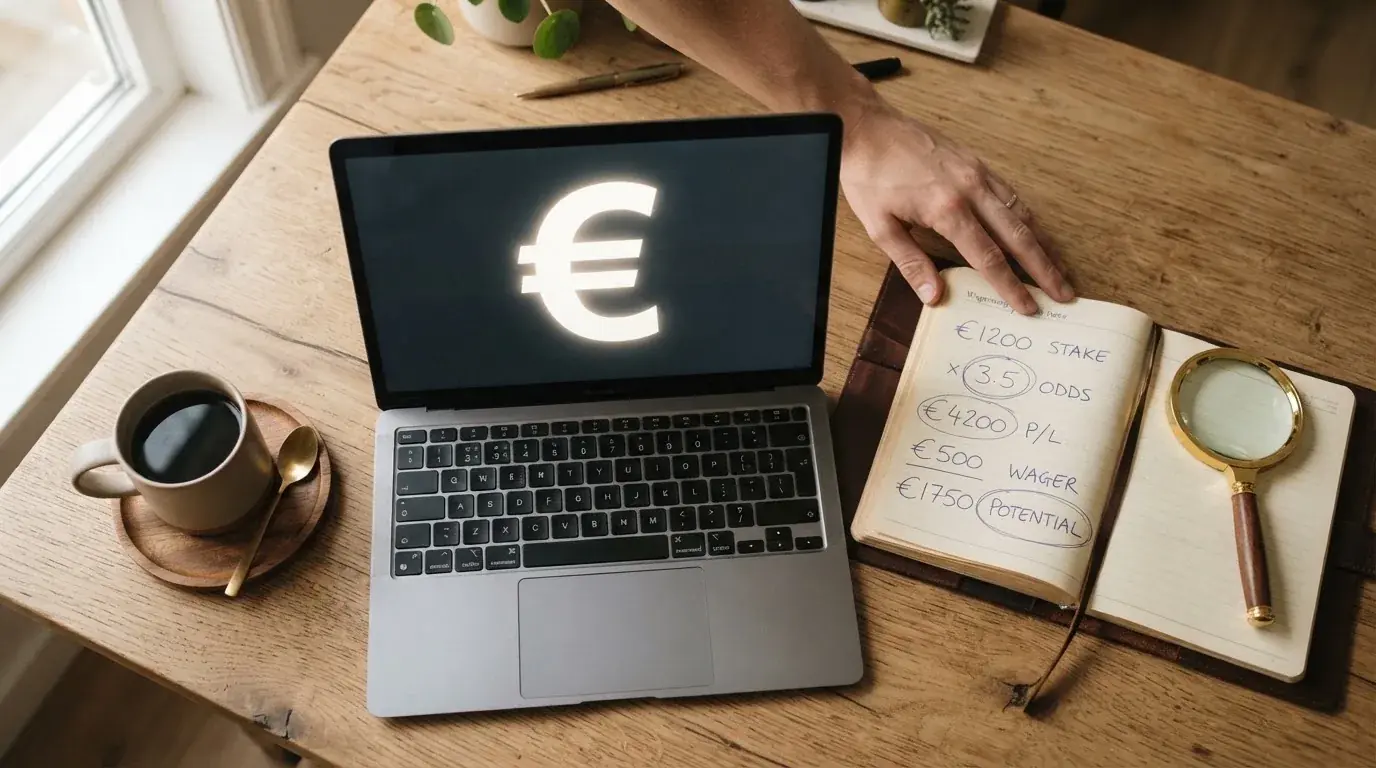 Schreibtisch mit einem ausgedruckten Gesetzestext, einer Lupe und einem Laptop, auf dessen Bildschirm eine Behoerdenwebsite mit einer Liste erlaubter Anbieter zu sehen ist.
