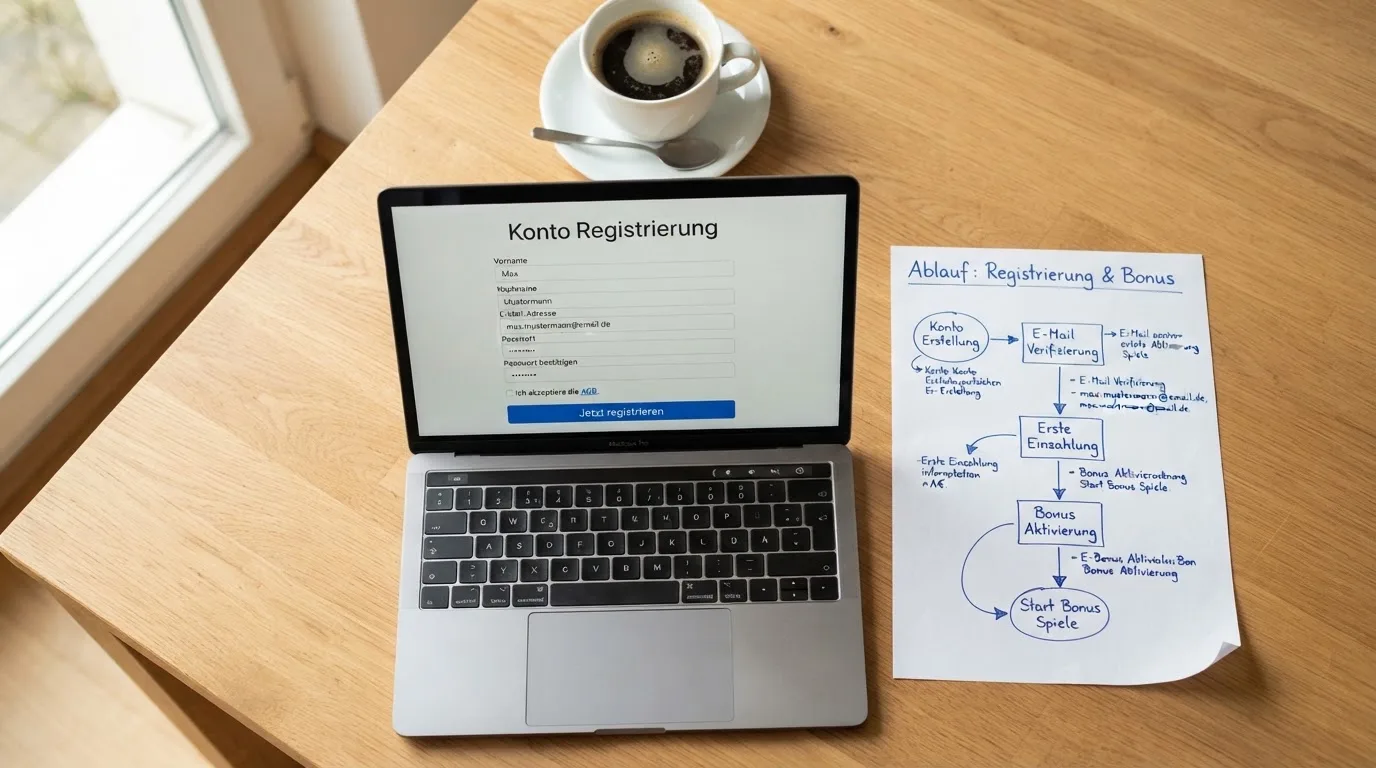Nahaufnahme eines Laptop-Bildschirms mit einem Formular zur Kontoeroeffnung, daneben ein Blatt Papier mit einer handgezeichneten Ablaufskizze.