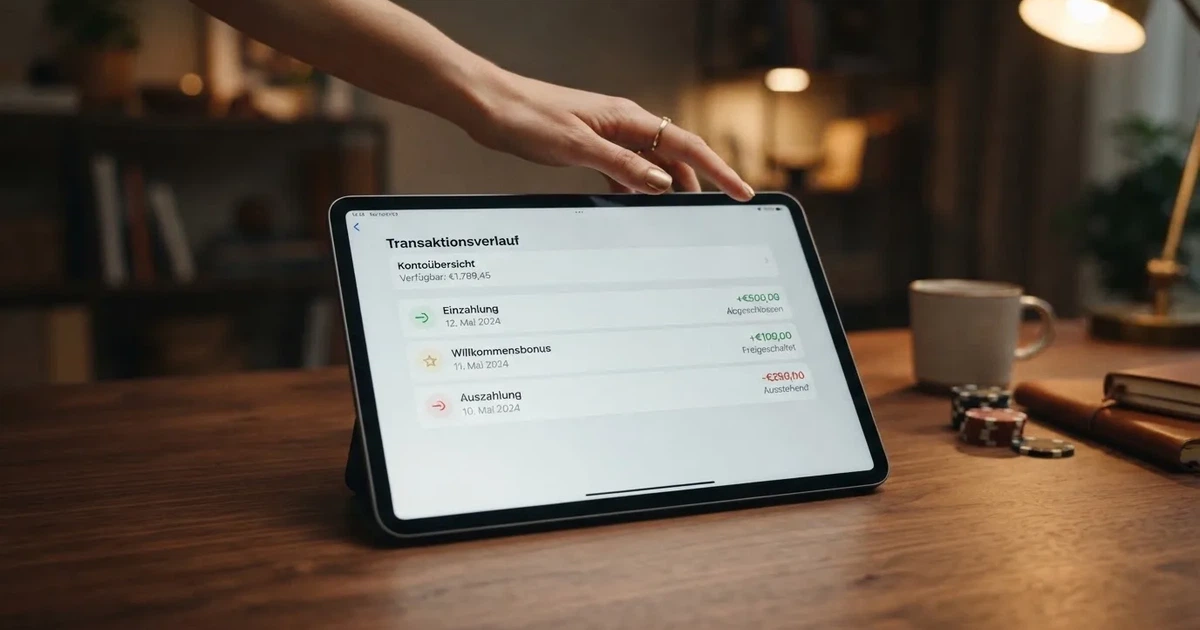 Nahaufnahme eines Tablet-Bildschirms mit einer Transaktionsliste, in der Einzahlung, Bonusgutschrift und Auszahlungsstatus untereinander aufgefuehrt sind.