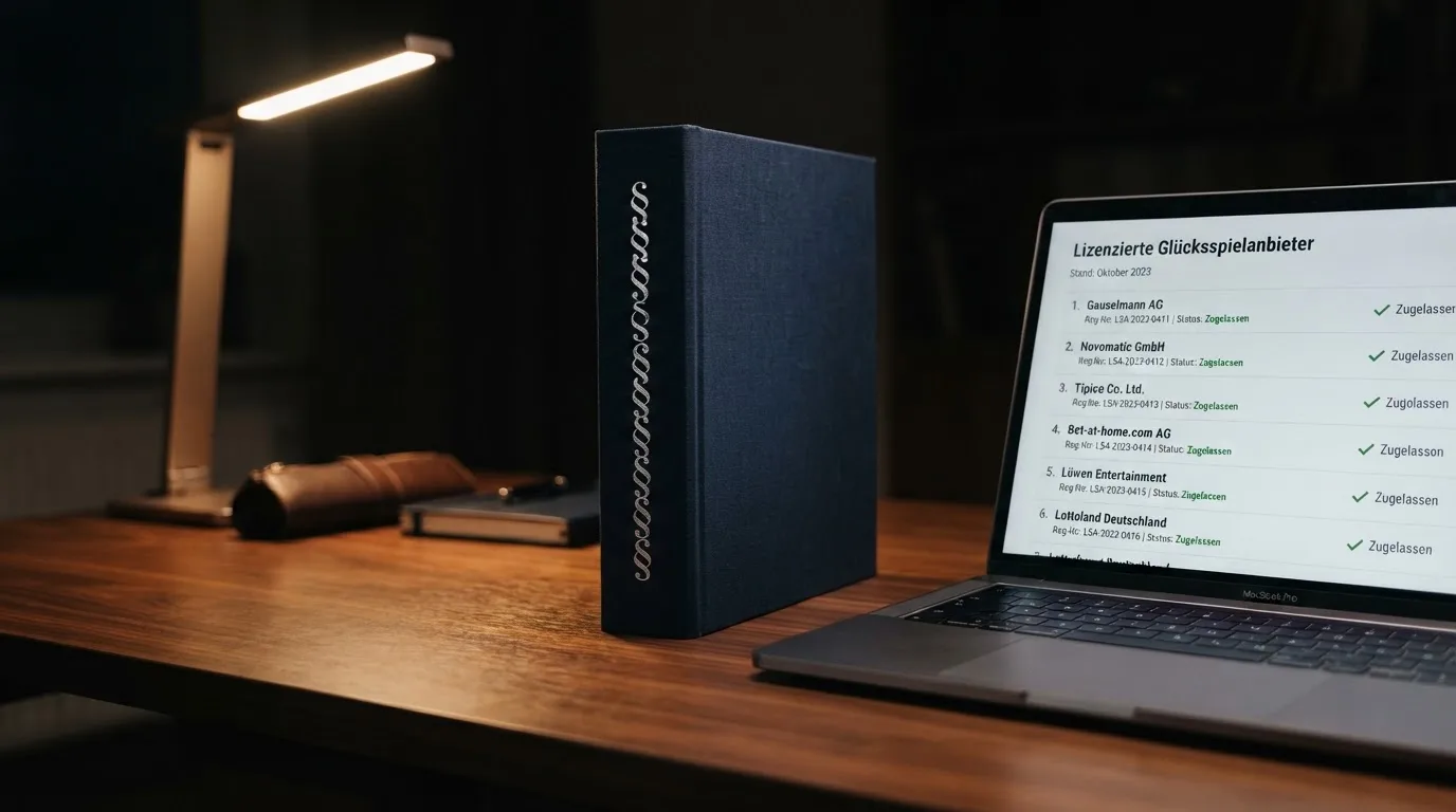 Nahaufnahme eines Aktenordners mit Paragraphenzeichen auf dem Ruecken, daneben ein aufgeklapptes Notebook mit einer Uebersichtsliste lizenzierter Anbieter.