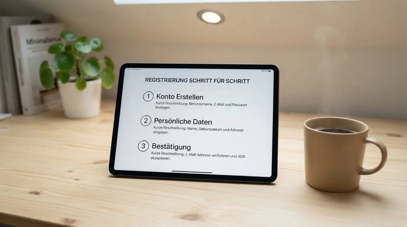 Schreibtisch mit einem Tablet, auf dem ein Schema mit nummerierten Schritten eines Anmeldevorgangs zu sehen ist, daneben ein Kaffeebecher.