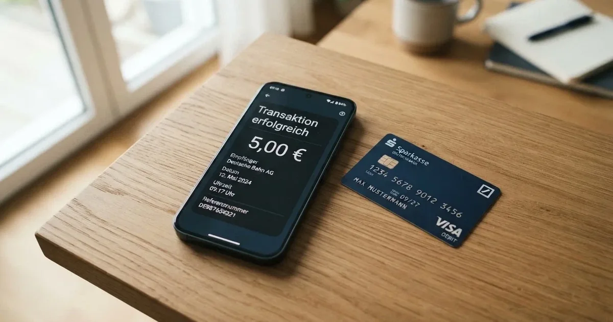 Schreibtisch mit einem Smartphone, auf dessen Bildschirm eine Kontobewegung mit Datum und Betrag in Euro angezeigt wird, daneben eine Bankkarte.