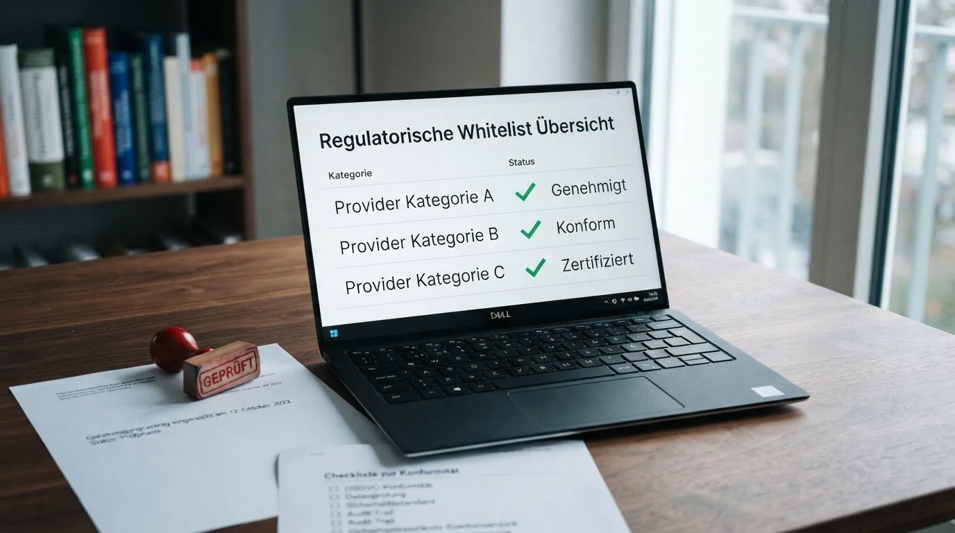 Schreibtisch mit einem gedruckten Amtsdokument, einem Stempel und einem Bildschirm, auf dem eine offizielle Whitelist-Tabelle angezeigt wird.