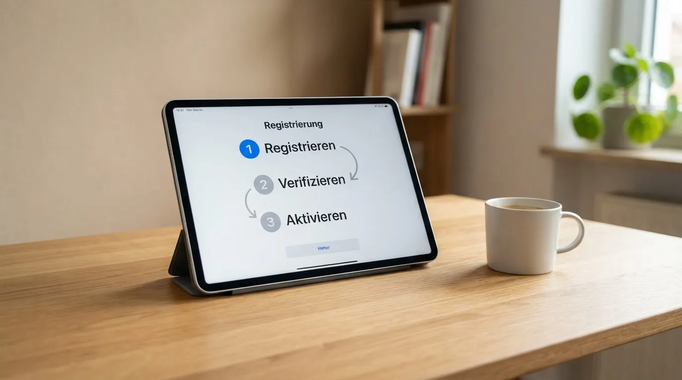 Schreibtisch mit einem Tablet, auf dem ein Schema mit nummerierten Schritten eines Anmeldevorgangs zu sehen ist, daneben ein Kaffeebecher.
