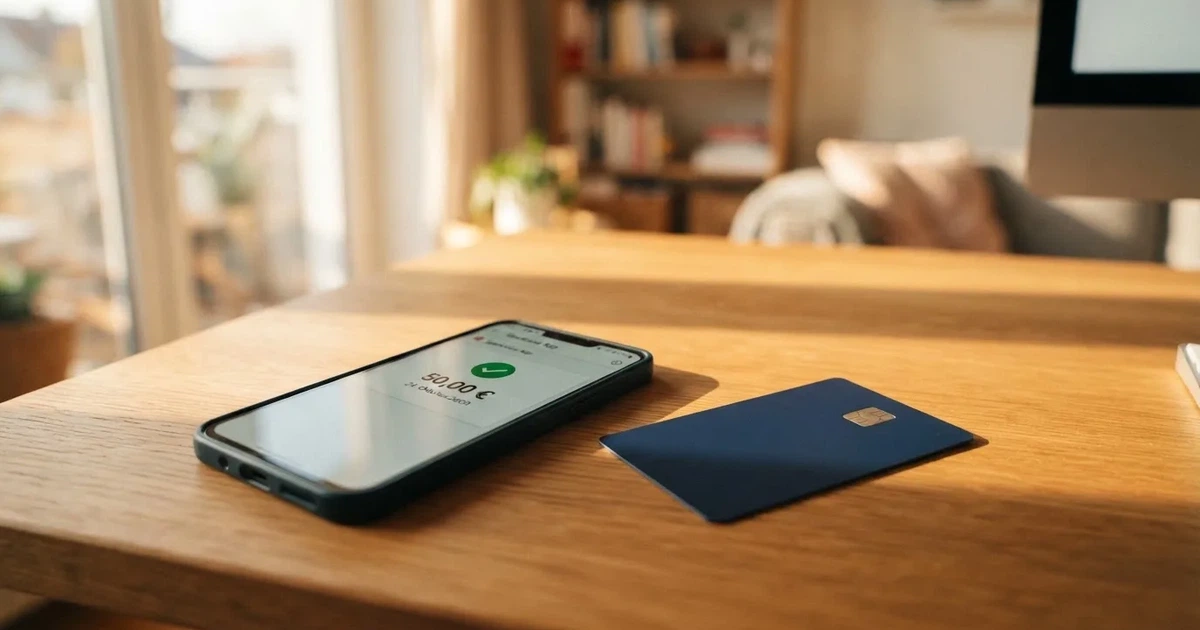 Schreibtisch mit einem Smartphone, auf dessen Bildschirm eine Kontobewegung mit Datum und Betrag in Euro angezeigt wird, daneben eine Bankkarte.
