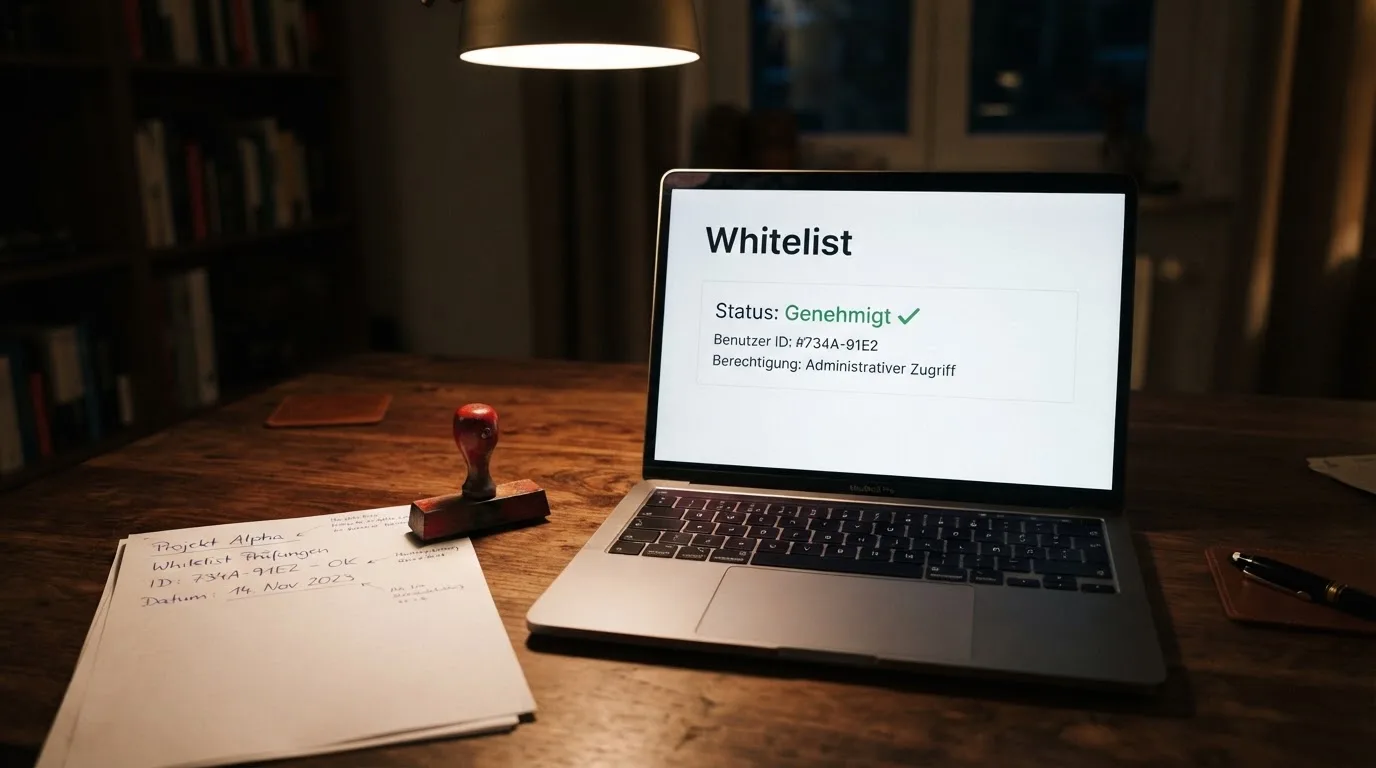 Schreibtisch mit einem gedruckten Amtsdokument, einem Stempel und einem Bildschirm, auf dem eine offizielle Whitelist-Tabelle angezeigt wird.