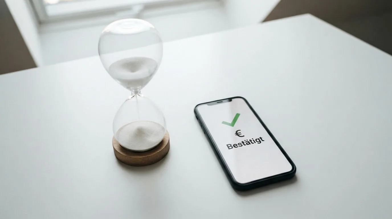 Nahaufnahme einer Sanduhr neben einem Smartphone-Bildschirm mit einer Zahlungsbestätigung.