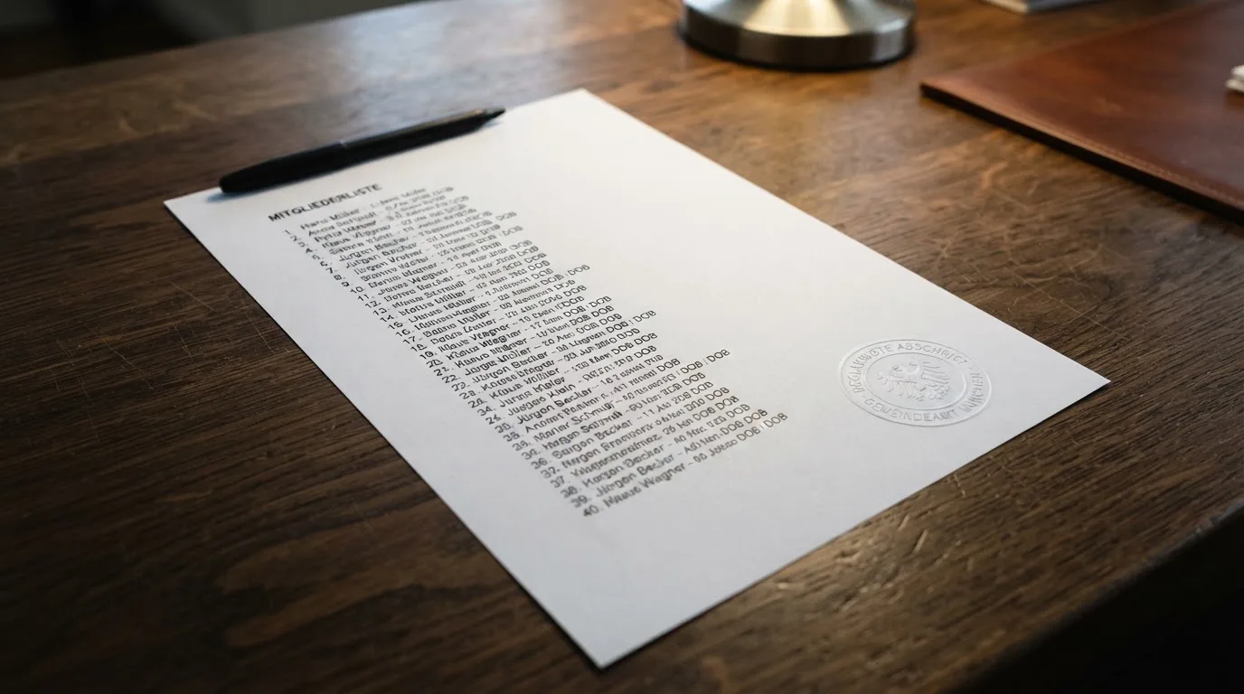 Nahaufnahme einer gedruckten Anbieterliste neben einem amtlichen Prüfsiegel.