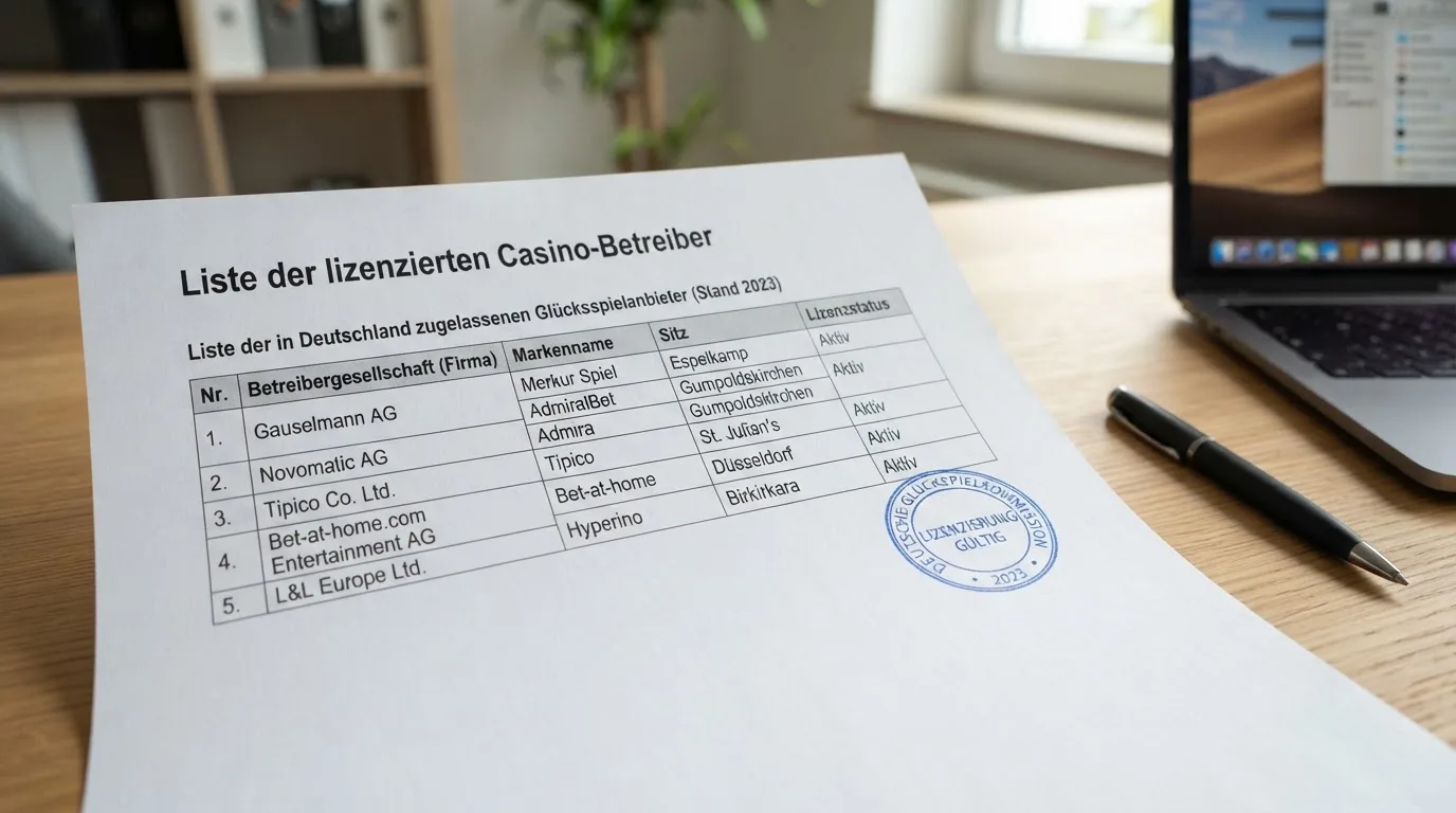 Nahaufnahme einer gedruckten Anbieterliste neben einem amtlichen Prüfsiegel.