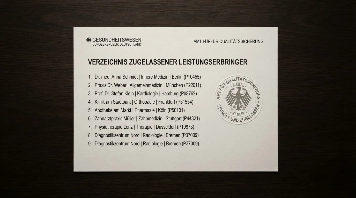 Nahaufnahme einer gedruckten Anbieterliste neben einem amtlichen Prüfsiegel.
