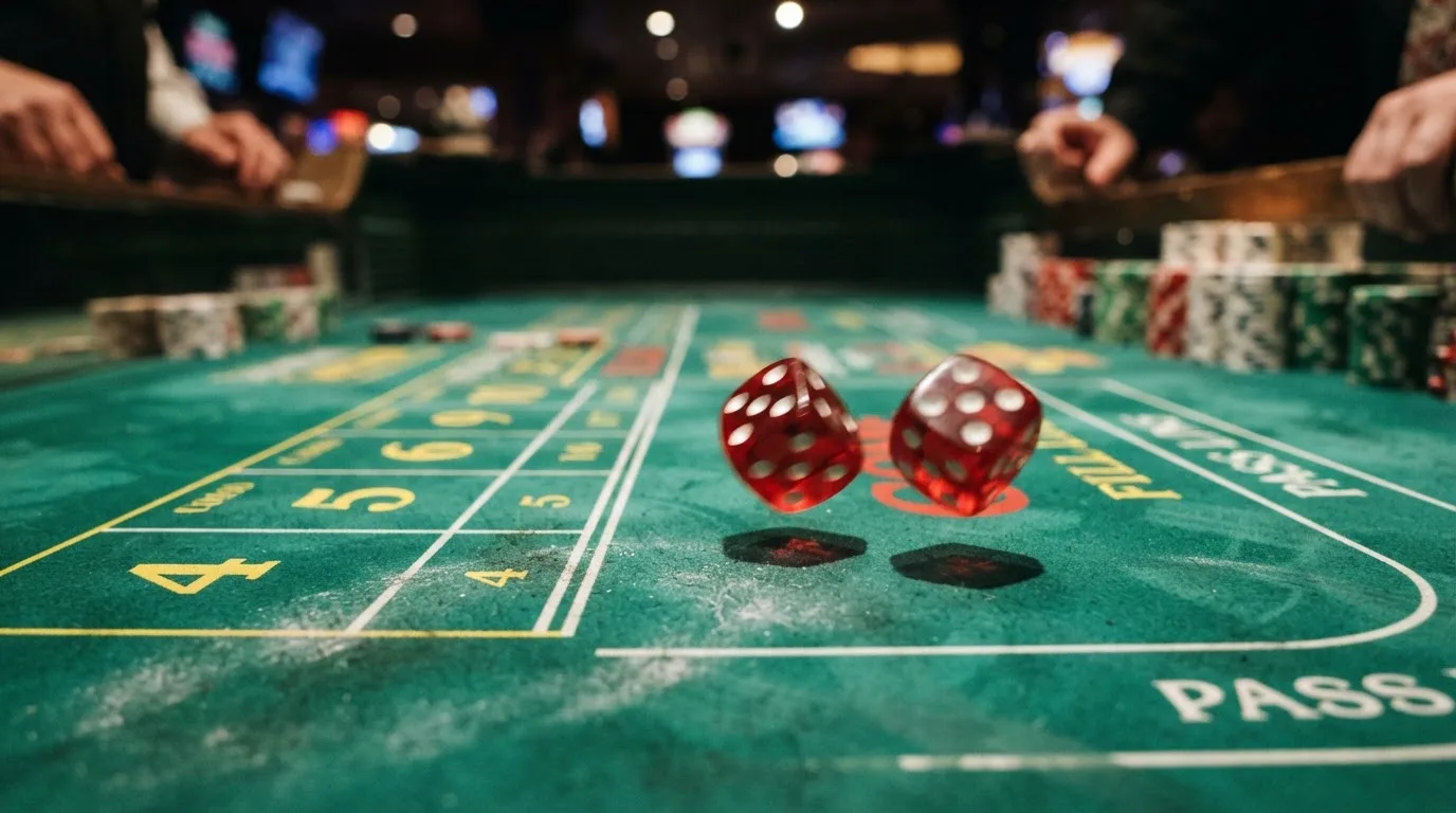 Nahaufnahme zweier rollender Würfel auf einem grünen Spieltisch.