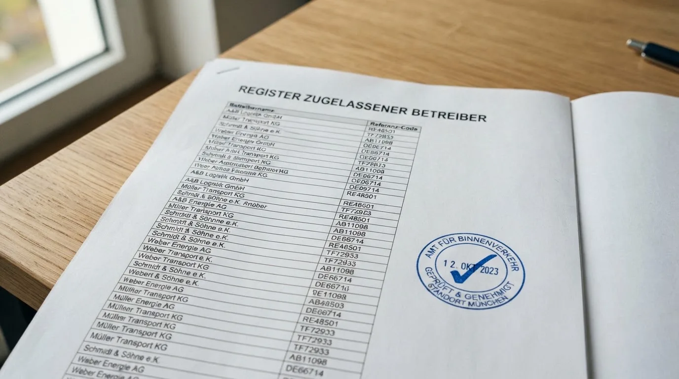 Nahaufnahme einer gedruckten Anbieterliste neben einem amtlichen Prüfsiegel.