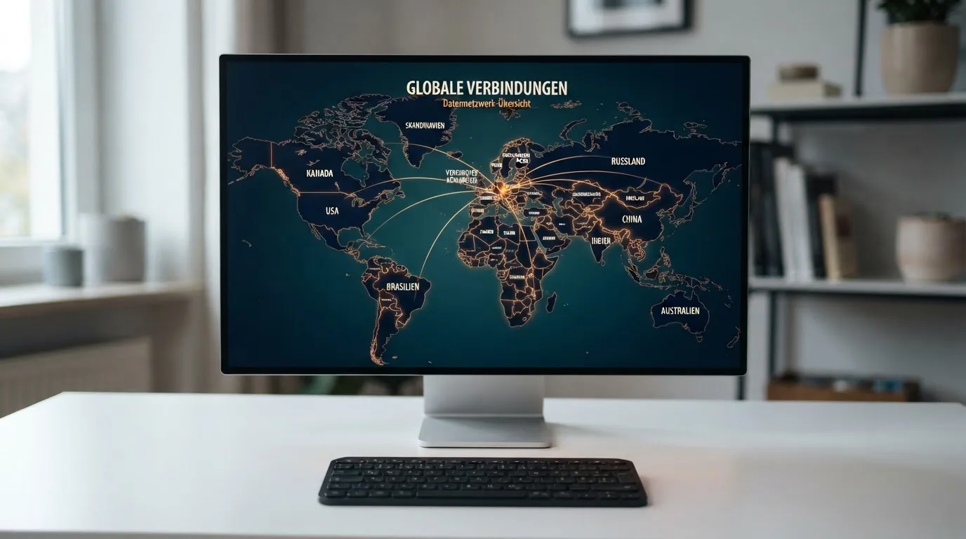Weltkarte auf einem Bildschirm mit hervorgehobenen Ländergrenzen und verbundenen Linien.