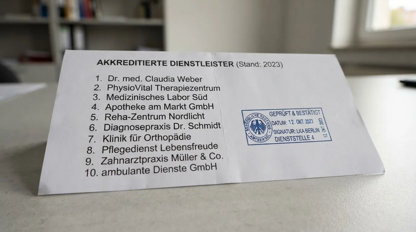 Nahaufnahme einer gedruckten Anbieterliste neben einem amtlichen Prüfsiegel.
