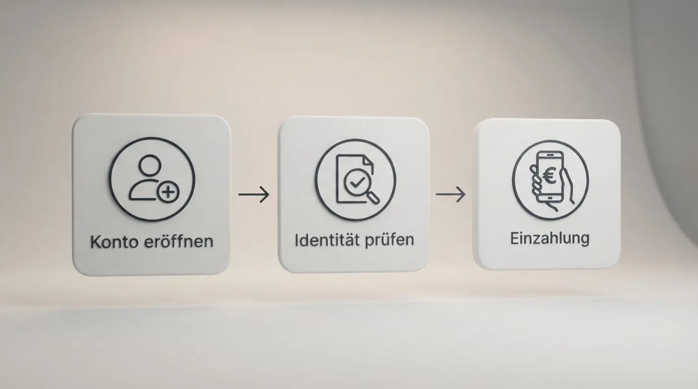 Schematische Darstellung eines Ablaufs von Kontoeröffnung über Identitätsprüfung bis zur ersten Einzahlung als einfaches Liniendiagramm.