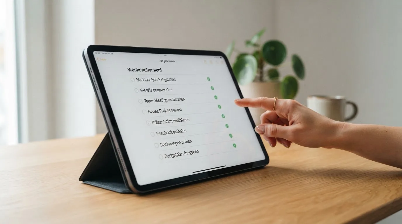 Tablet mit einer digitalen Liste und Häkchen-Symbolen auf einem Schreibtisch.