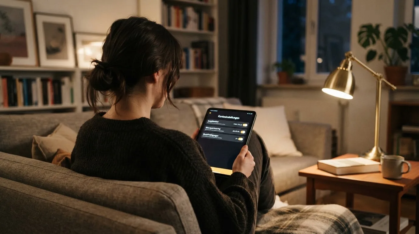 Person betrachtet nachdenklich eine App mit Einstellungsmenü auf einem Tablet in einem ruhigen Wohnzimmer.