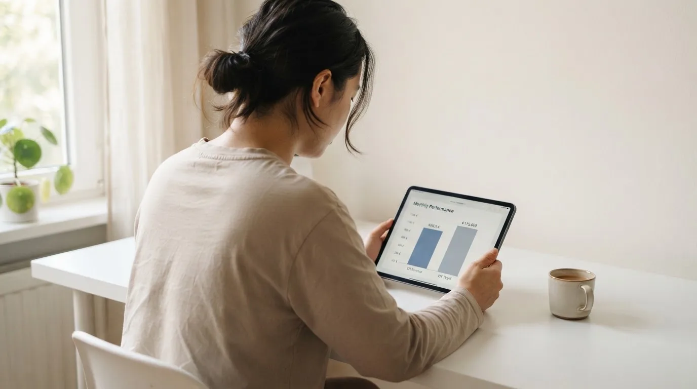 Person betrachtet ruhig ein Balkendiagramm auf einem Tablet in einem hellen Raum.