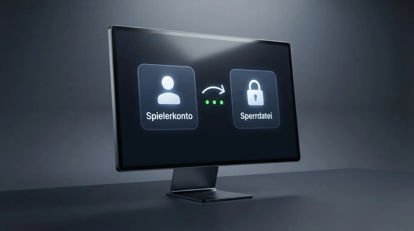 Schema eines Datenabgleichs zwischen einem Spielerkonto und einer zentralen Sperrdatei auf einem Monitor.