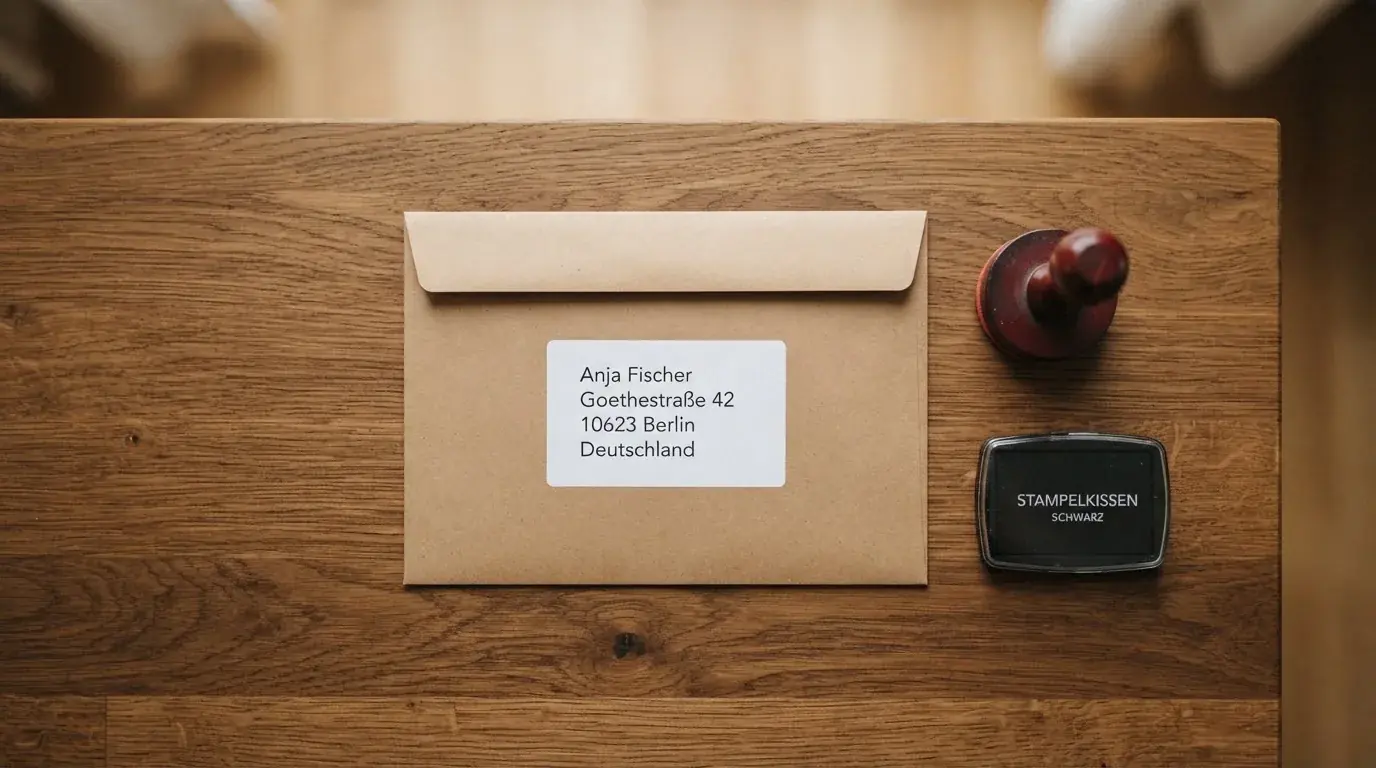 Briefumschlag mit Adressaufkleber auf einem Schreibtisch neben einem Aktenstempel.