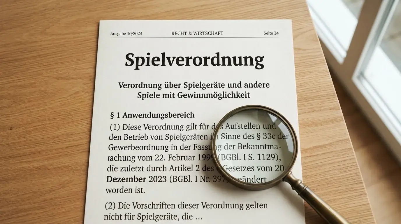 Gesetzestext-Auszug neben einer Lupe auf einem Schreibtisch.