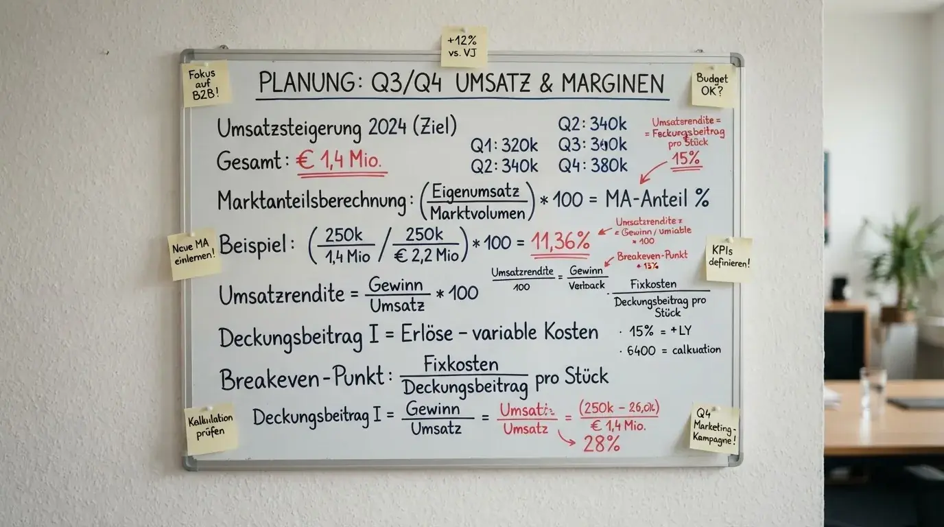 Rechenformel mit Prozentzahlen auf einem Whiteboard, umgeben von Notizzetteln.
