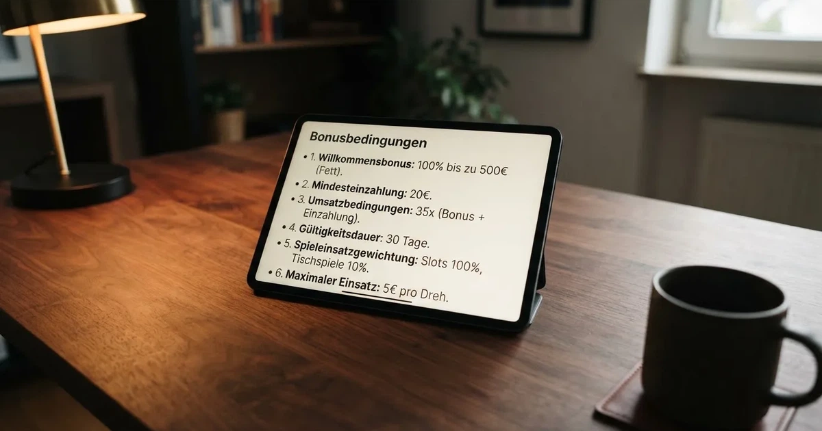 Aufgeschlagene Bonusbedingungen mit Prozentangaben auf einem Tablet-Bildschirm.