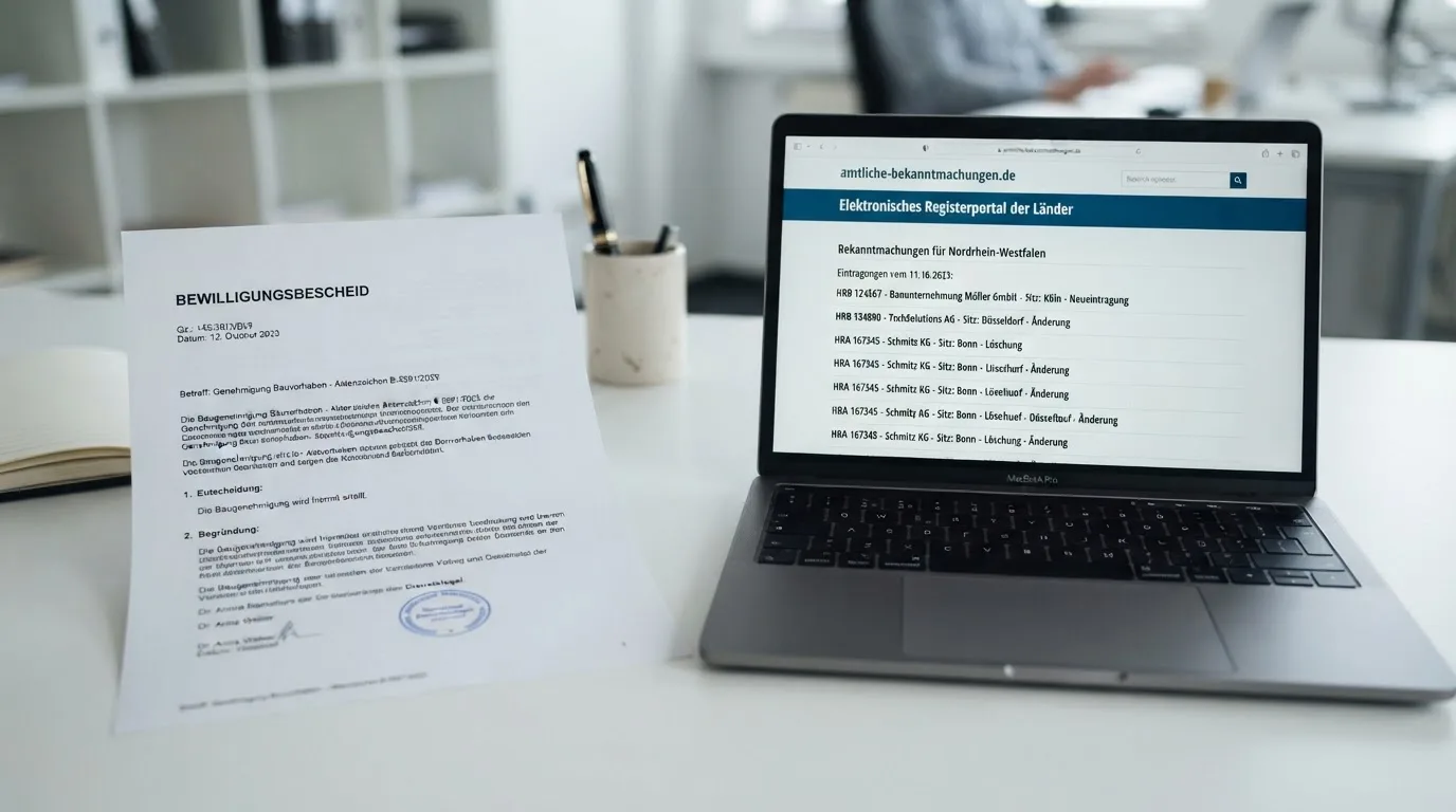 Nahaufnahme eines Gesetzestextes neben einem Laptop mit einer Behördenwebsite auf dem Bildschirm.