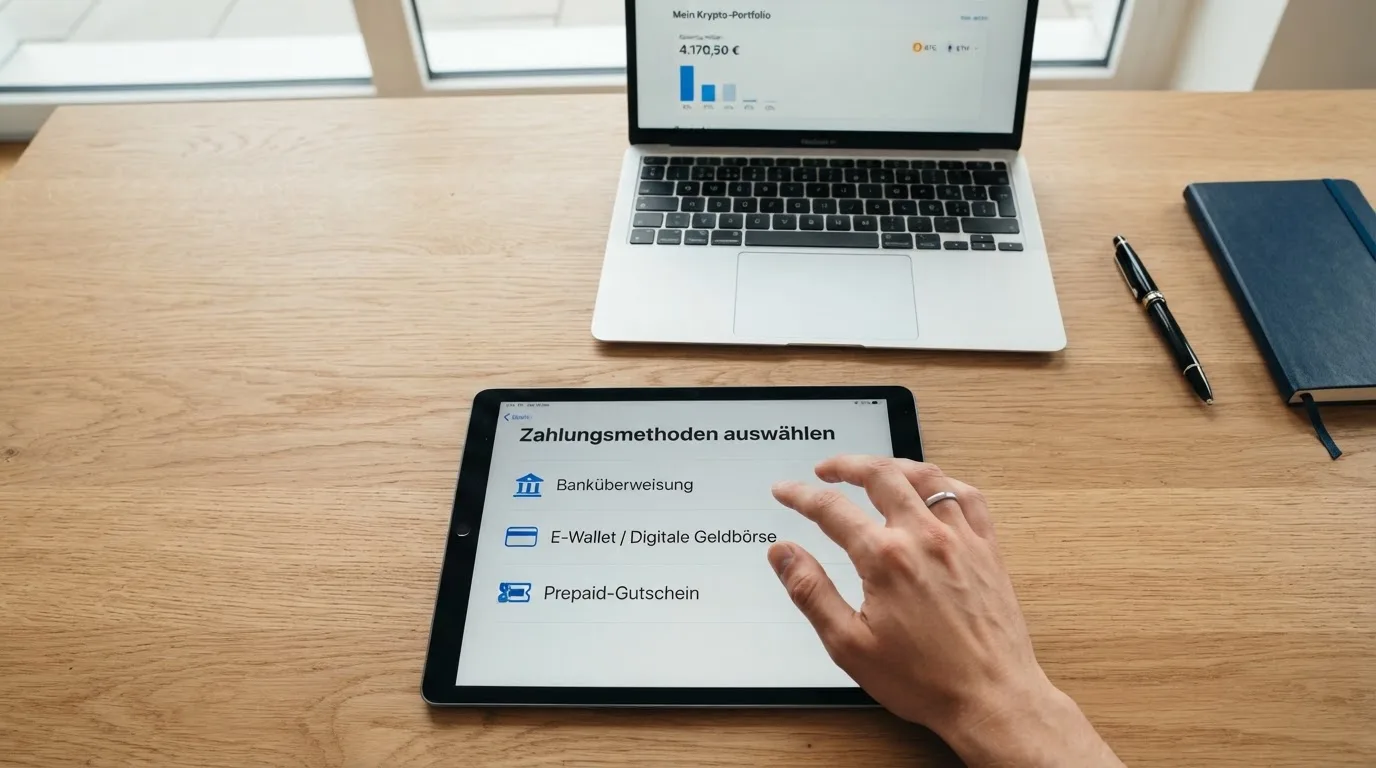 Person zeigt auf einem Tablet eine Liste von Zahlungsmethoden, während im Hintergrund ein Laptop mit einer Wallet-App steht.