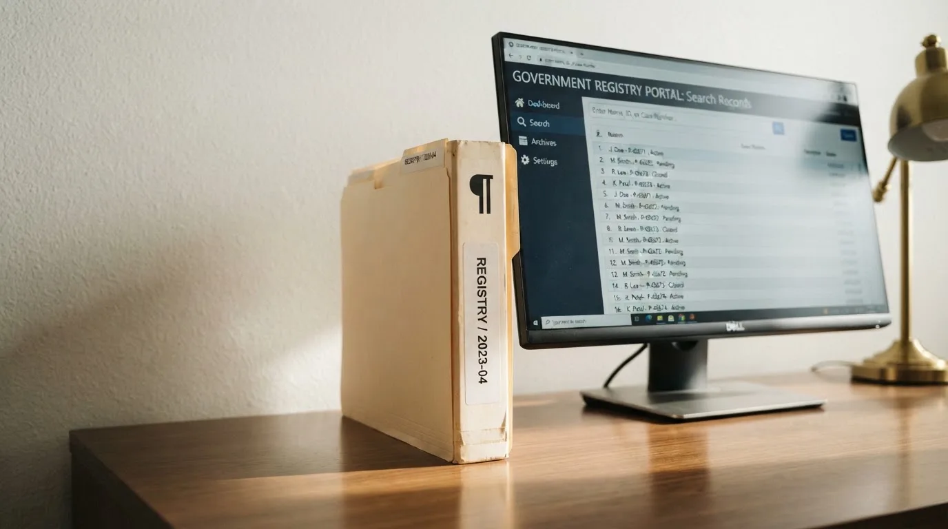 Nahaufnahme eines Aktenordners mit Paragraphenzeichen neben einem Computerbildschirm mit einer Behördenseite.