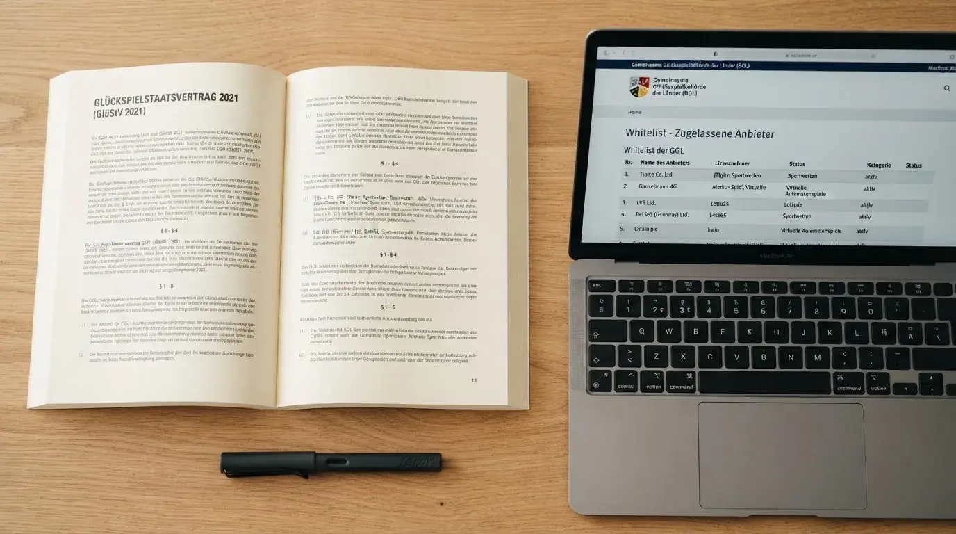 Nahaufnahme eines Gesetzestextes neben einem Laptop-Bildschirm mit einer Behördenseite.