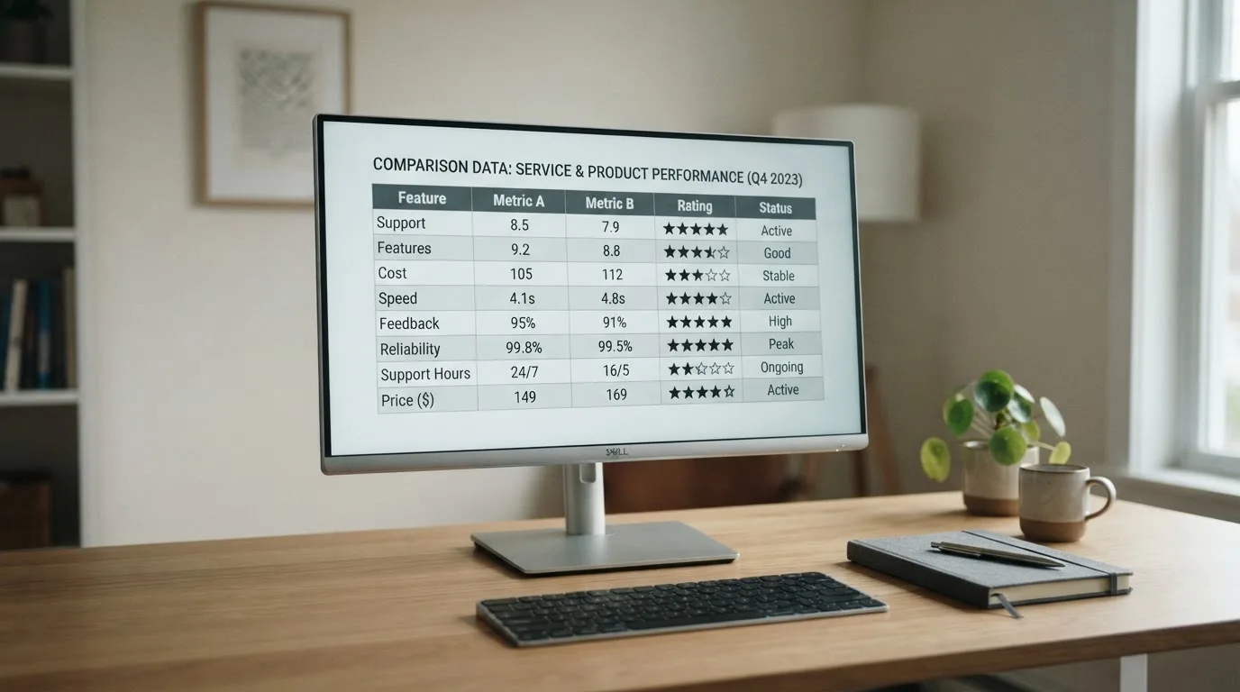Vergleichstabelle mit Bewertungssternen auf einem Monitor, ohne Markennamen.
