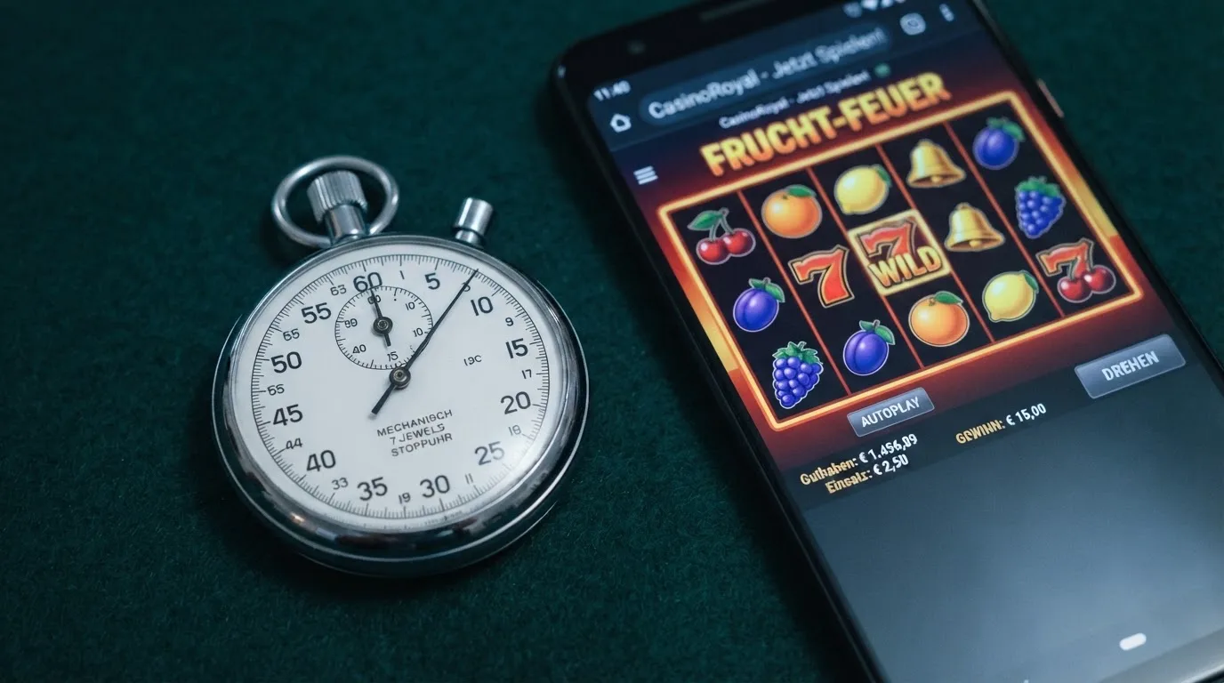 Symbolbild einer Stoppuhr neben einem Spielautomaten-Bildschirm, das ein Zeitintervall andeutet.