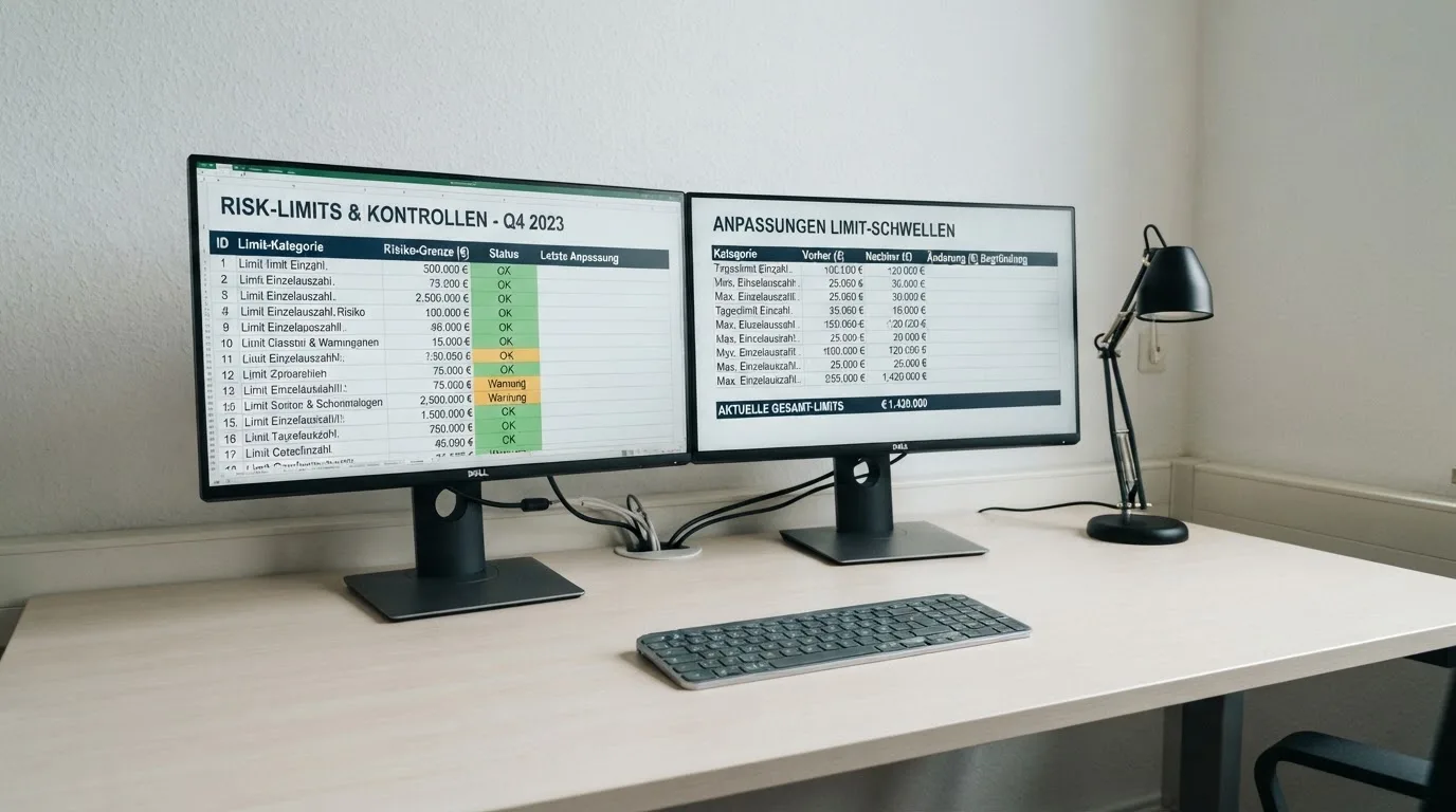 Schreibtisch mit zwei Bildschirmen, auf denen Tabellenkalkulationen mit Limit-Einstellungen zu sehen sind.